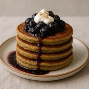 Green Banana Pancakes with Wild Blueberries & Coconut Yoghurt