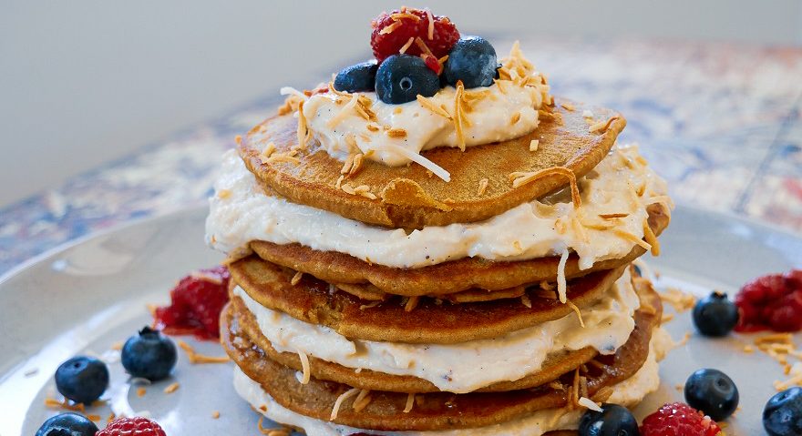 Teff Pancakes with cashew cream & berries